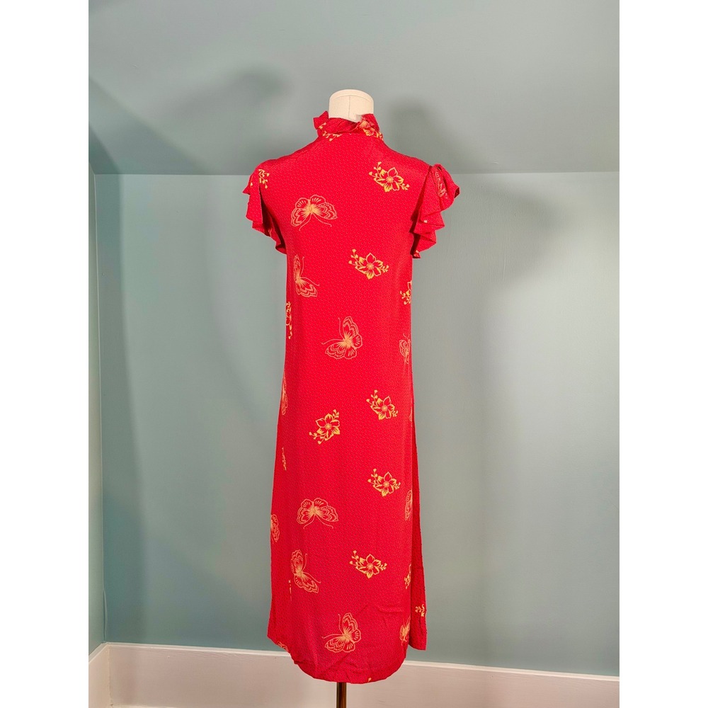 Vintage 1970s Red Dress Butterfly Polka Dot Cheongsam Qipao 70s Shift Large - Picture 4 of 9